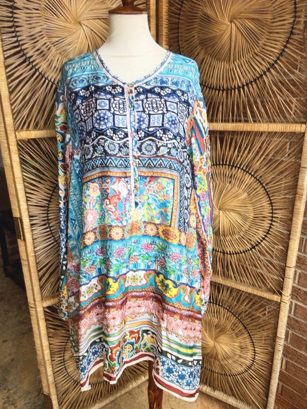 Johnny Was Multicolor Button-Down Tunic Shirt - Blue, Turquoise, Orange, Yellow